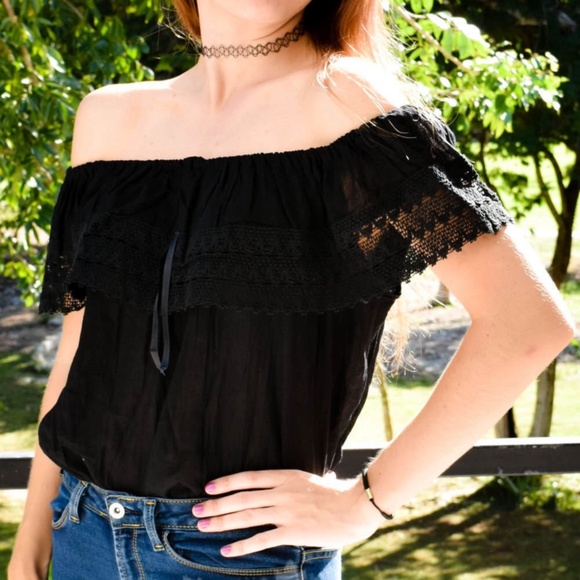 Cielito Lindo Tops - New Black Off the Shoulder Lace Top Gauzy Light