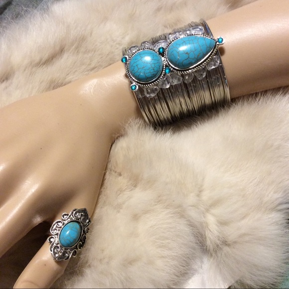 🌺TEAL TURQUOISE ADJUSTABLE BOHO CHIC RING GYPSY - Picture 5 of 5