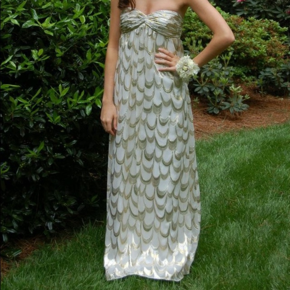 white formal/prom dress with gold/silver foil