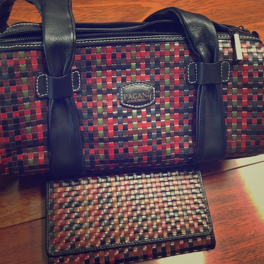 Italian leather woven bag w/ wallet