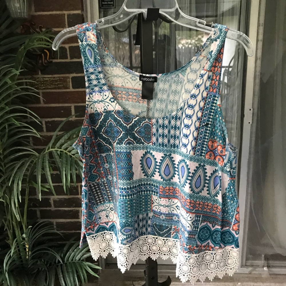 Whimsical patch pattern with lace fringe tank top