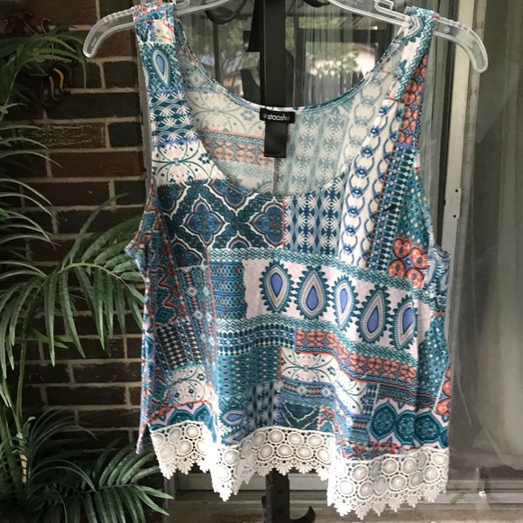 Whimsical patch pattern with lace fringe tank top - Picture 2 of 5