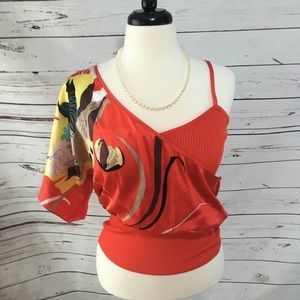 Bebe Assym Asian Floral Print Silk Top SZ M NWT