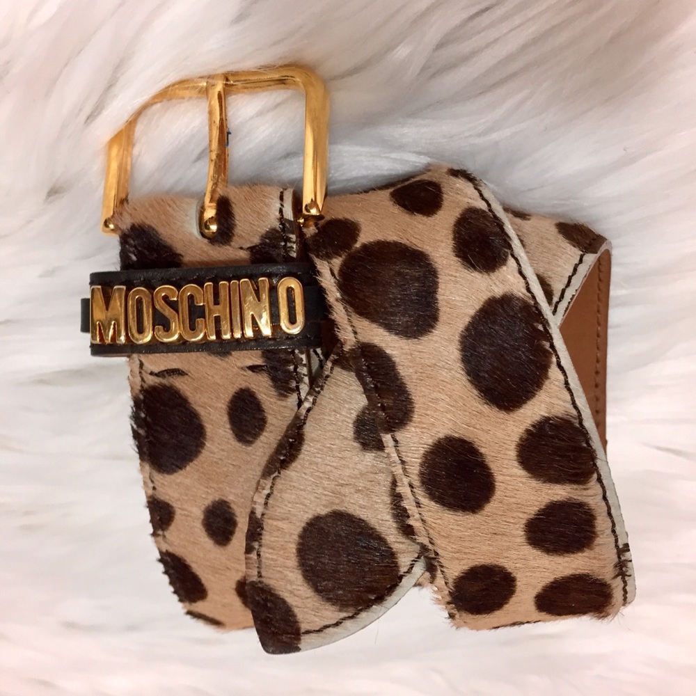 Moschino leather pony hair leopard print belt 40