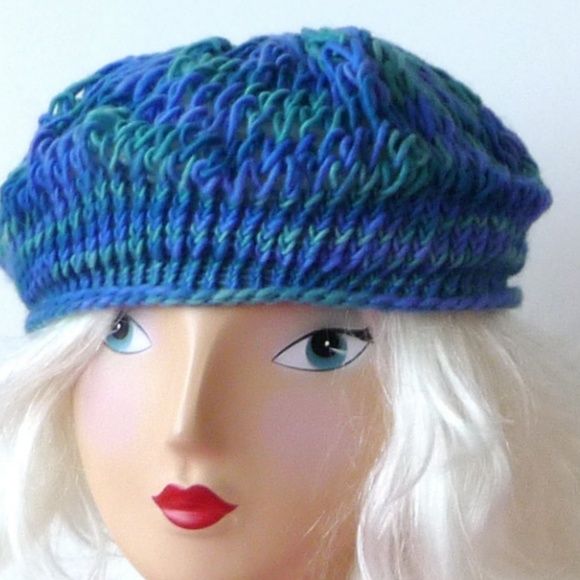 Hand Made Alpaca Wool Beret Hat Hand Knit OOAK Blues Greens main image 5