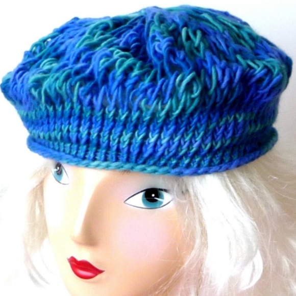 Hand Made Alpaca Wool Beret Hat Hand Knit OOAK Blues Greens main image 4