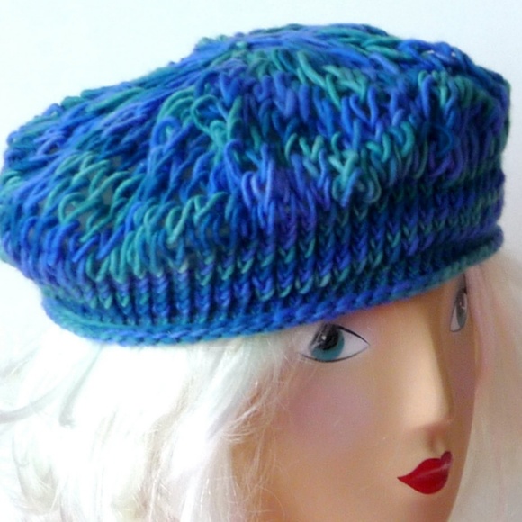 Hand Made Alpaca Wool Beret Hat Hand Knit OOAK Blues Greens
