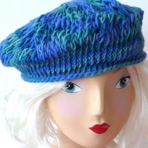Hand Made Alpaca Wool Beret Hat Hand Knit OOAK Blues Greens