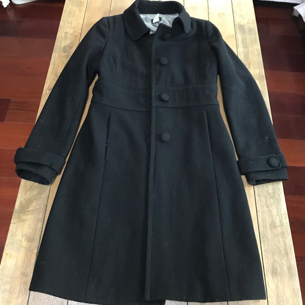 J Crew Black Long Wool Coat sz 0