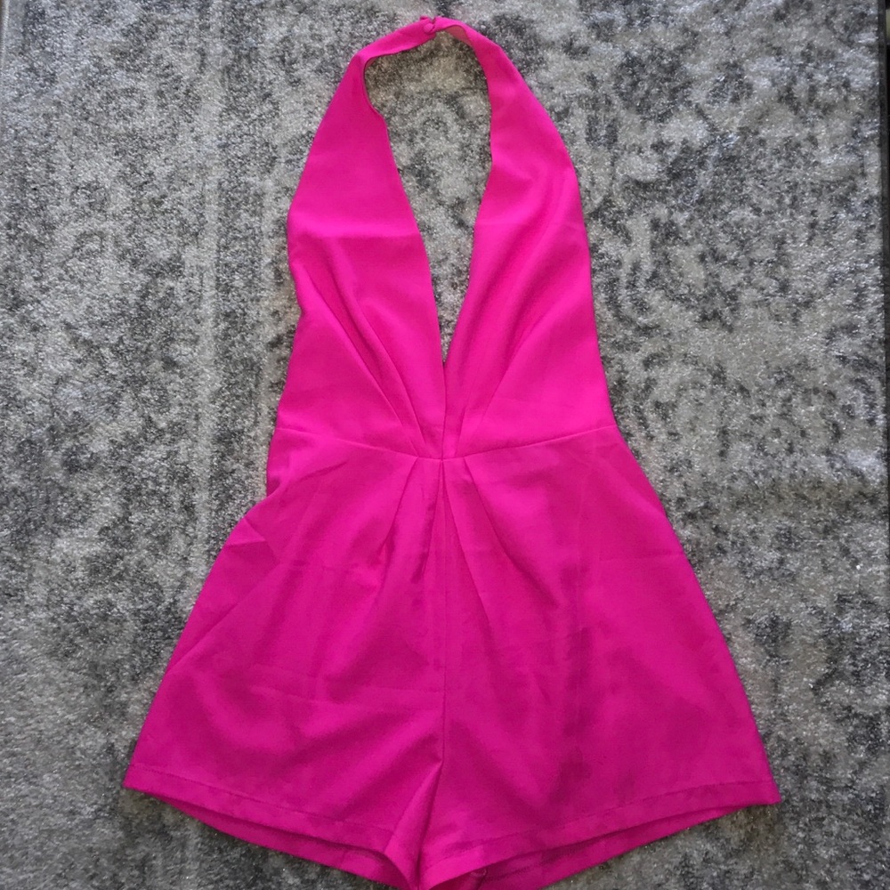 Akira Red Label Pink halter plunging neck romper