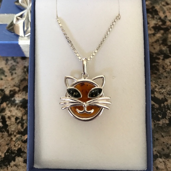 STERLING SILVER GENUINE BALTIC AMBER CAT NIB - Picture 2 of 6