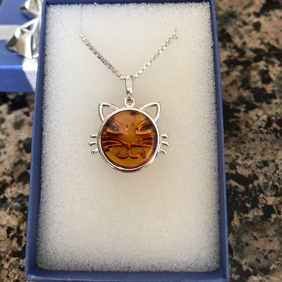 STERLING SILVER GENUINE BALTIC AMBER CAT NIB - Picture 3 of 6