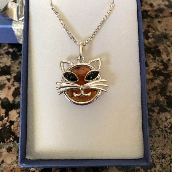 STERLING SILVER GENUINE BALTIC AMBER CAT NIB - Picture 4 of 6