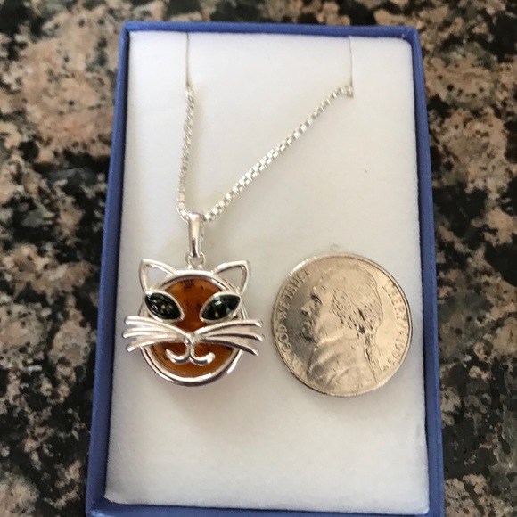 STERLING SILVER GENUINE BALTIC AMBER CAT NIB - Picture 5 of 6