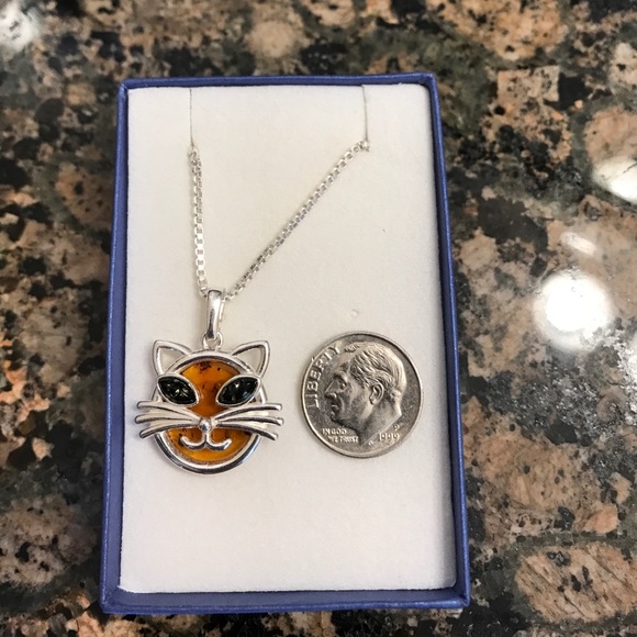 STERLING SILVER GENUINE BALTIC AMBER CAT NIB - Picture 6 of 6
