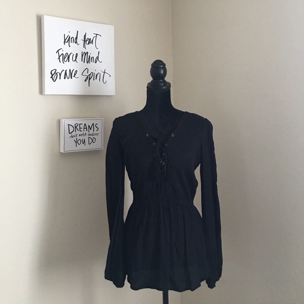 Free People Black Lace Up Peasant Shirt