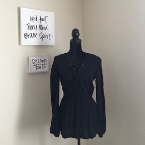 Free People Black Lace Up Peasant Shirt