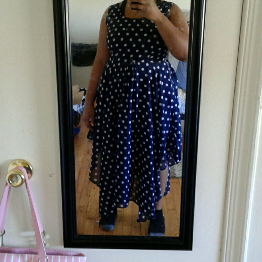 Evening  navy blue poka dotted dress