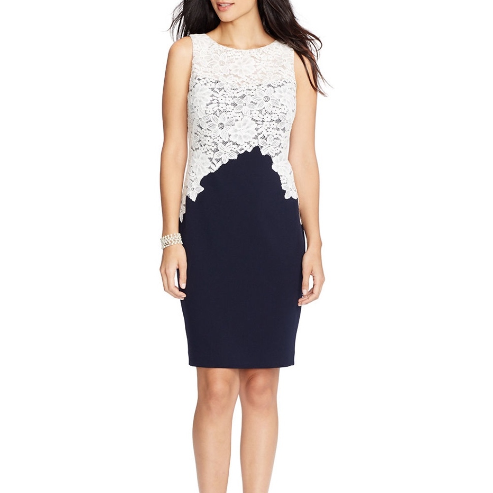 Lauren Ralph  navy/Ivory Lace Sheath Dress SZ 14
