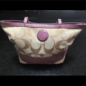 Coach purse, 9” tall x 14” long, Pink & Tan, USED