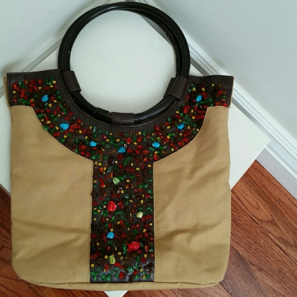 Boho Beautiful stone/jewelry cute hoop handle bag.