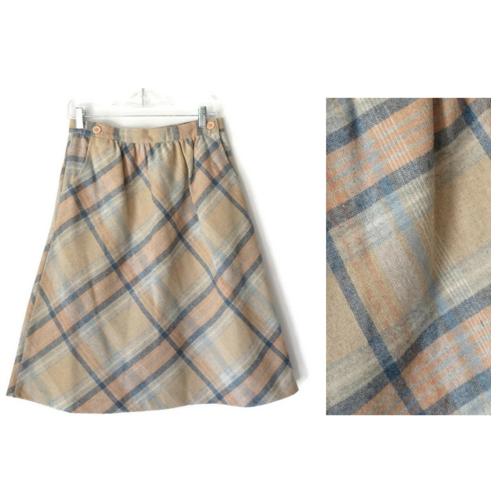 Vintage Pastel Plaid 70s High Waisted Midi Skirt
