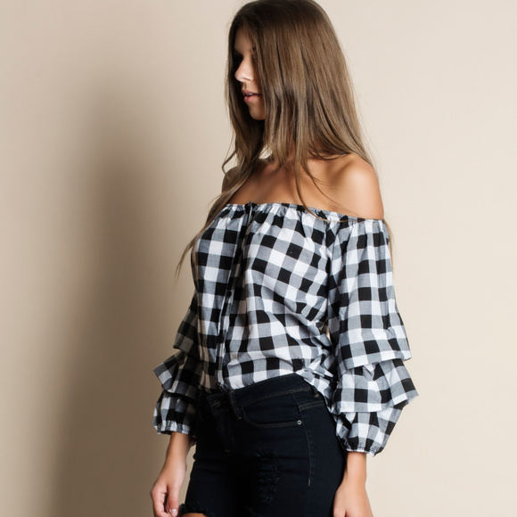 Gingham Off Shoulder Ruched Sleeve Top - Picture 2 of 4