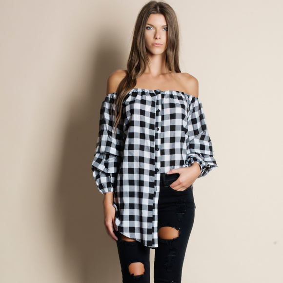 Gingham Off Shoulder Ruched Sleeve Top - Picture 4 of 4