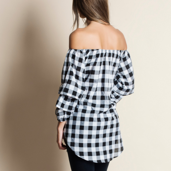 Gingham Off Shoulder Ruched Sleeve Top - Picture 3 of 4
