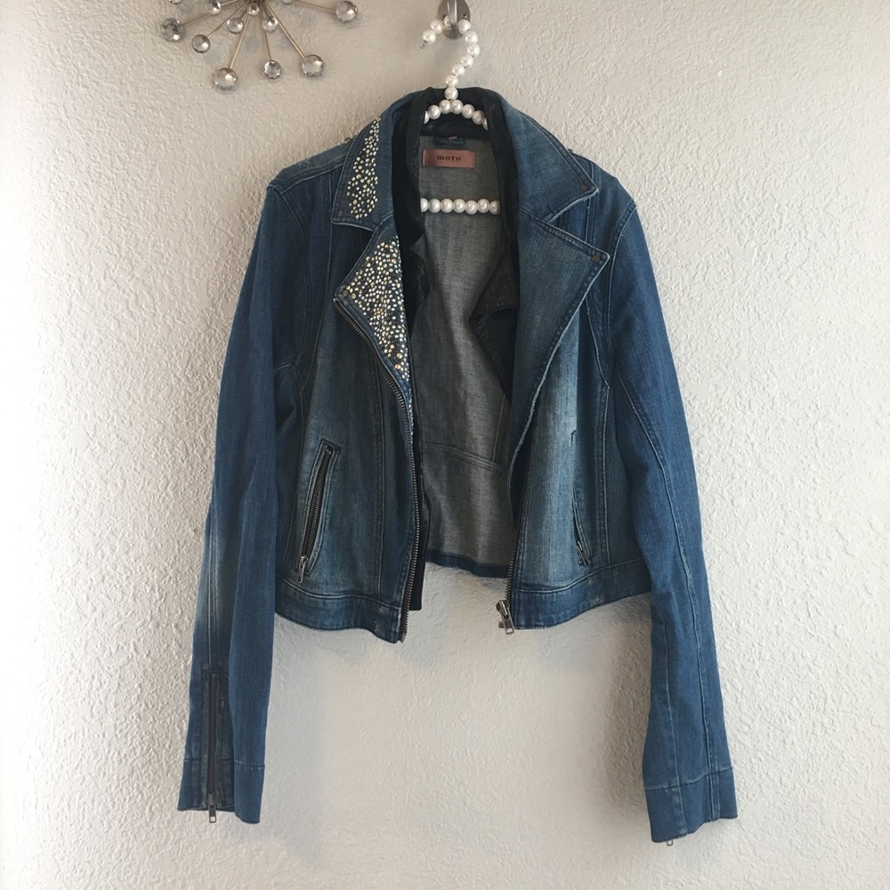 Distressed Denim Rhinestone Faux leather Stud Moto