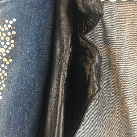 Distressed Denim Rhinestone Faux leather Stud Moto - Picture 2 of 8