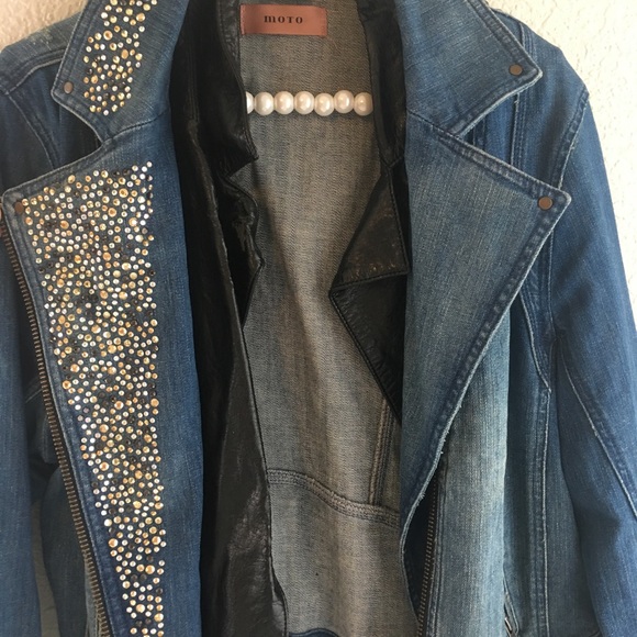 Distressed Denim Rhinestone Faux leather Stud Moto - Picture 3 of 8
