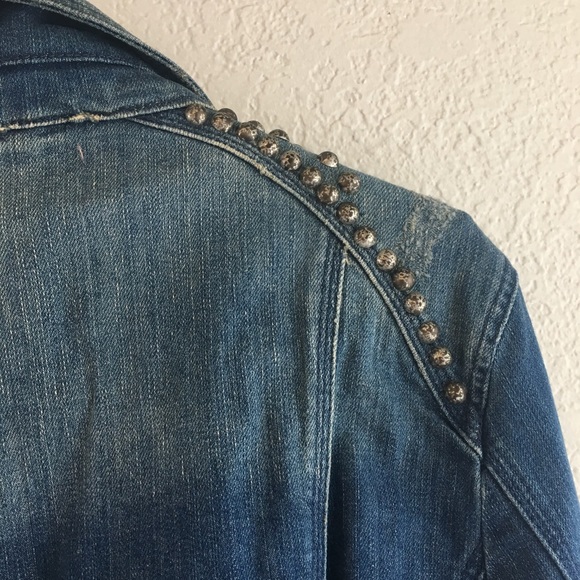 Distressed Denim Rhinestone Faux leather Stud Moto - Picture 7 of 8
