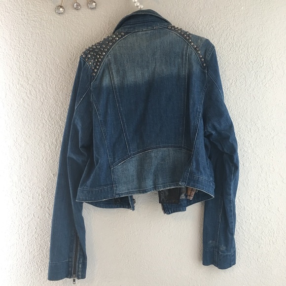 Distressed Denim Rhinestone Faux leather Stud Moto - Picture 8 of 8