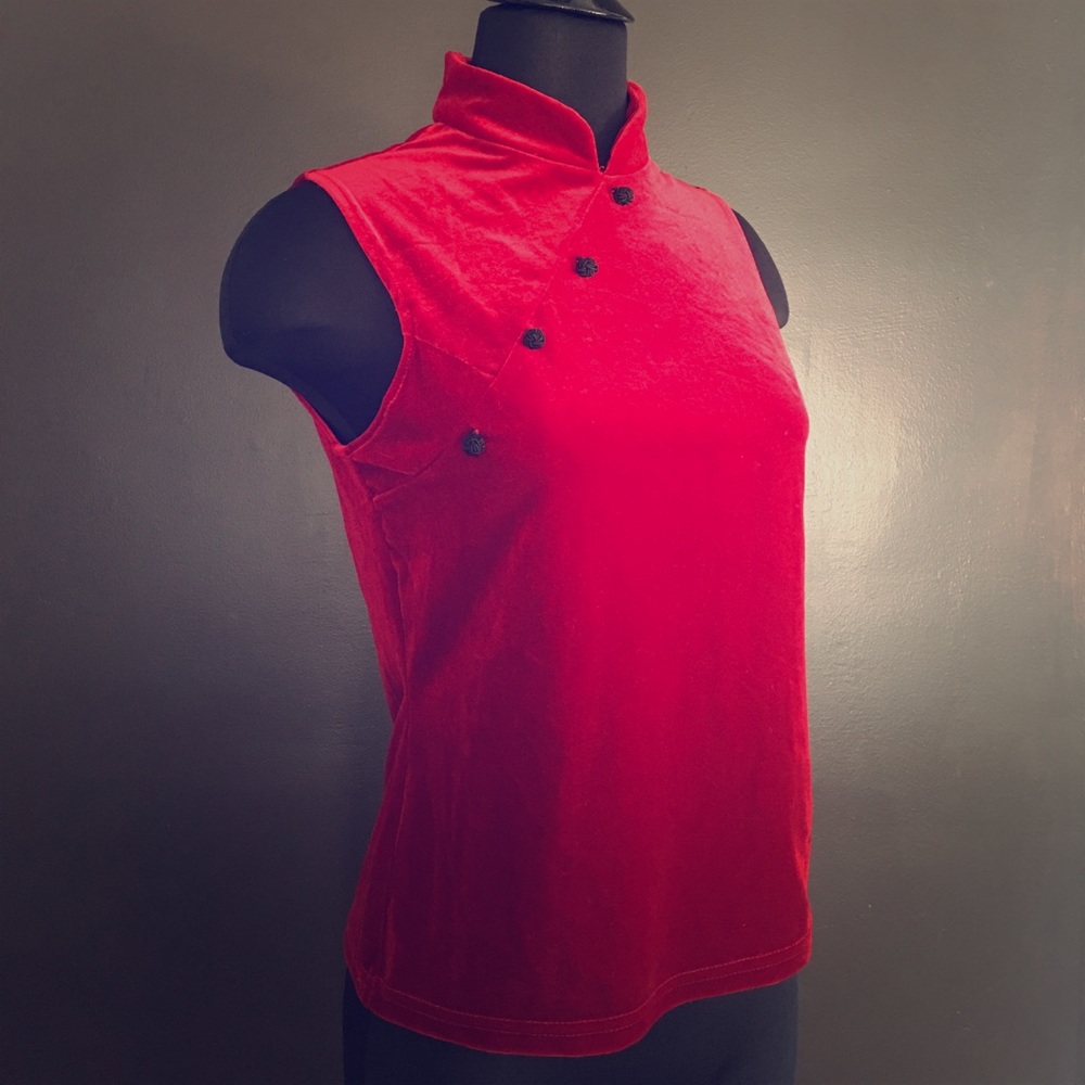 Vintage Mandarin Style Crimson Velvet Top- Size M