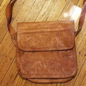 Brown Leather Elephant Engraved Shoulder Bag