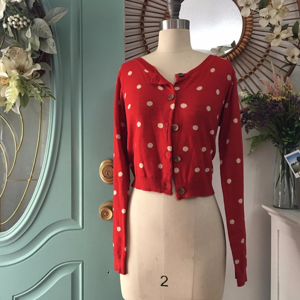‼️SALE‼️ Red Cropped Cardigan with Cream Dots