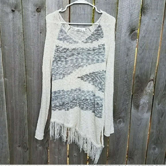 Cato Sweaters - CATO cream & blue asymmetrical fringe sweater