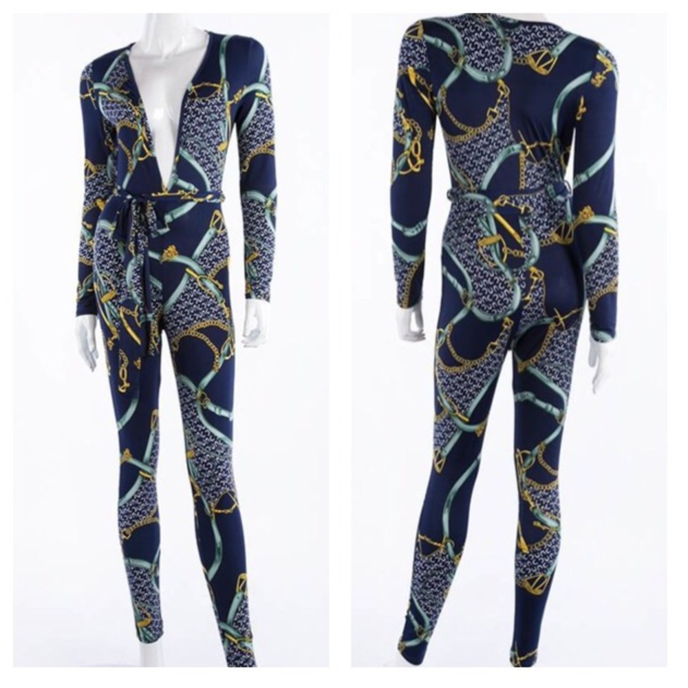 Navy Deep V fitted jumpsuit.