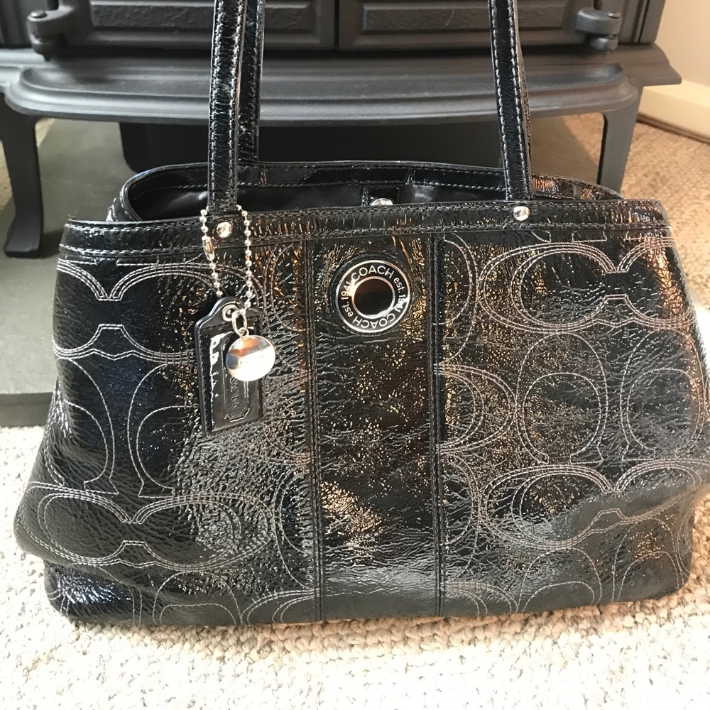 Coach patterned patent leather shoulder bag