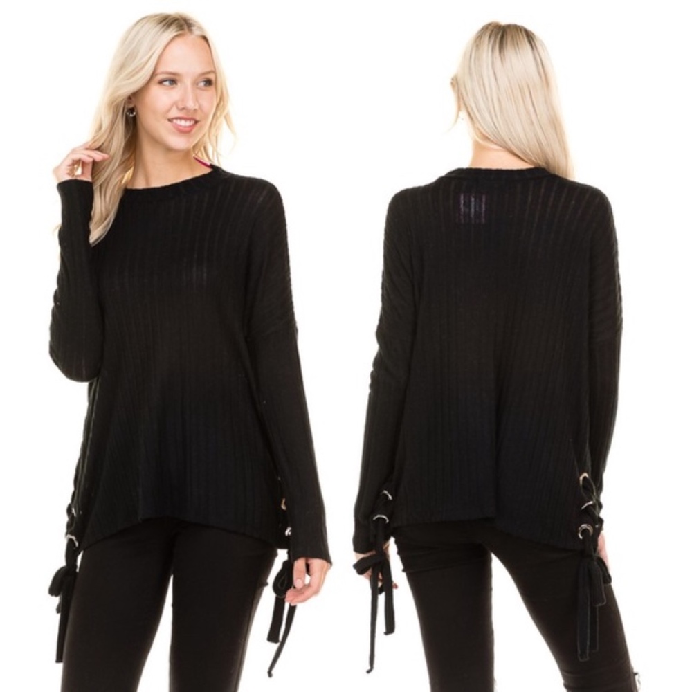 Black Long Sleeve Brushed Knit Side Lace Up