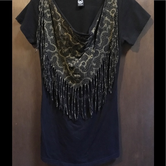 Onanya shipibo Black and Gold Fringe T-shirt L - Picture 5 of 6