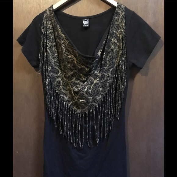 Onanya shipibo Black and Gold Fringe T-shirt L - Picture 4 of 6