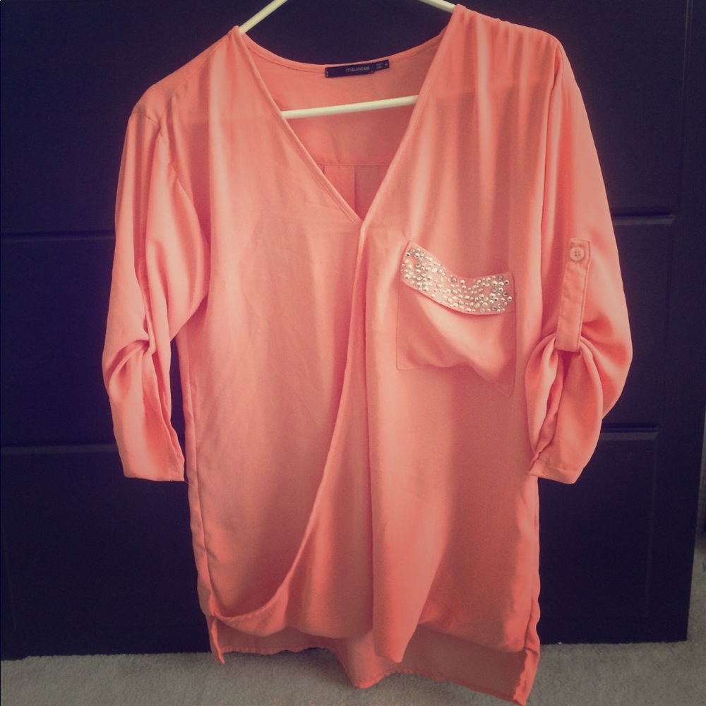 Peach/coral blouse with embellished pocket