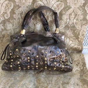 B Makowsky bronze metallic & studs leather satchel