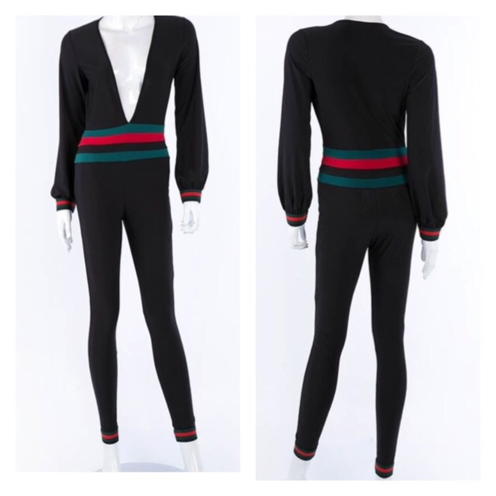 Long Sleeve Plunge neck fitted jumpsuit