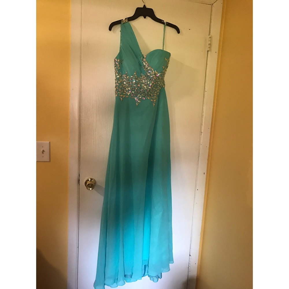 One shoulder stoned evening gown