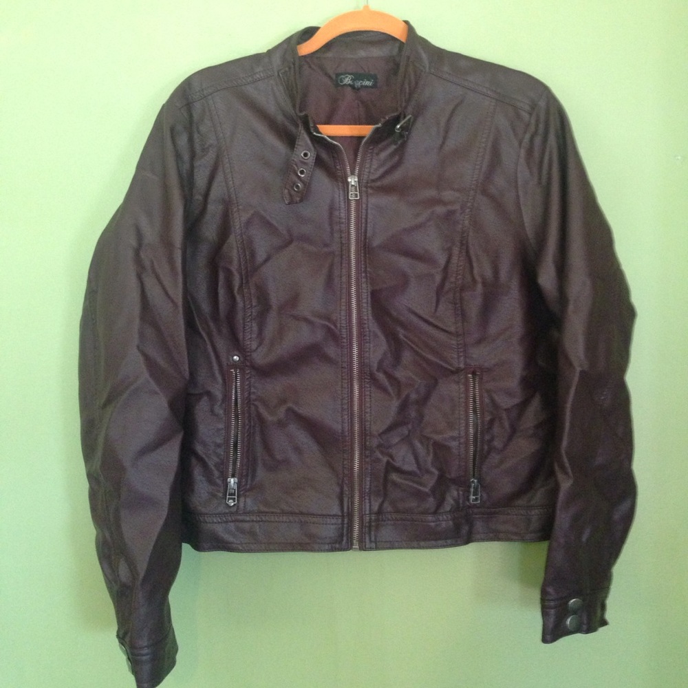 Cropped maroon faux leather jacket