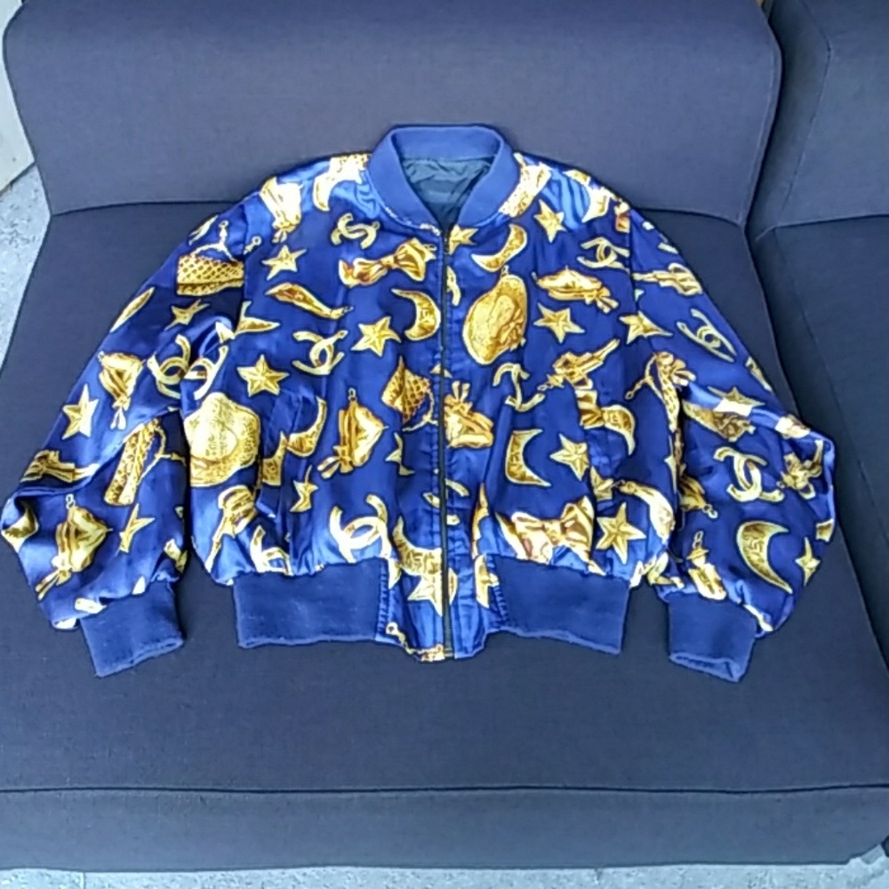 Vintage 80s Chanel Chain Charms Silk Bomber Jacket
