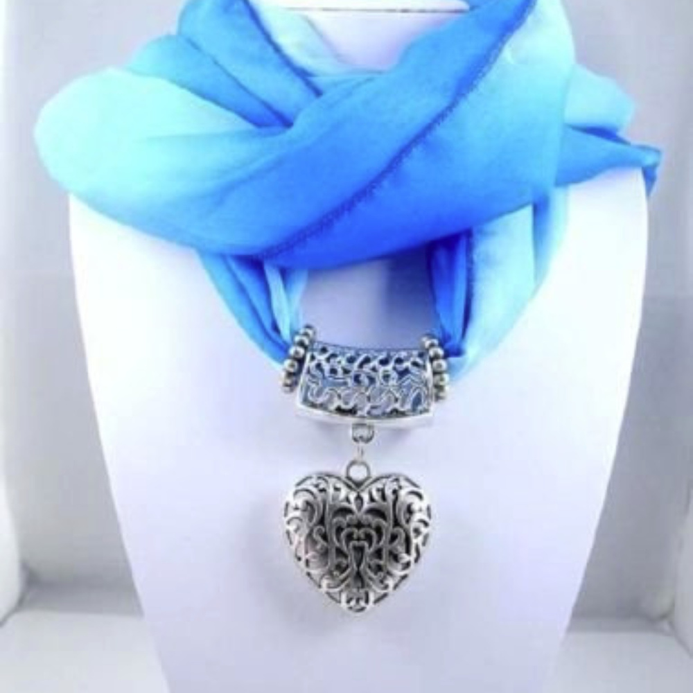 NEW Chiffon Heart Charm Blue Scarf Ring Pendant